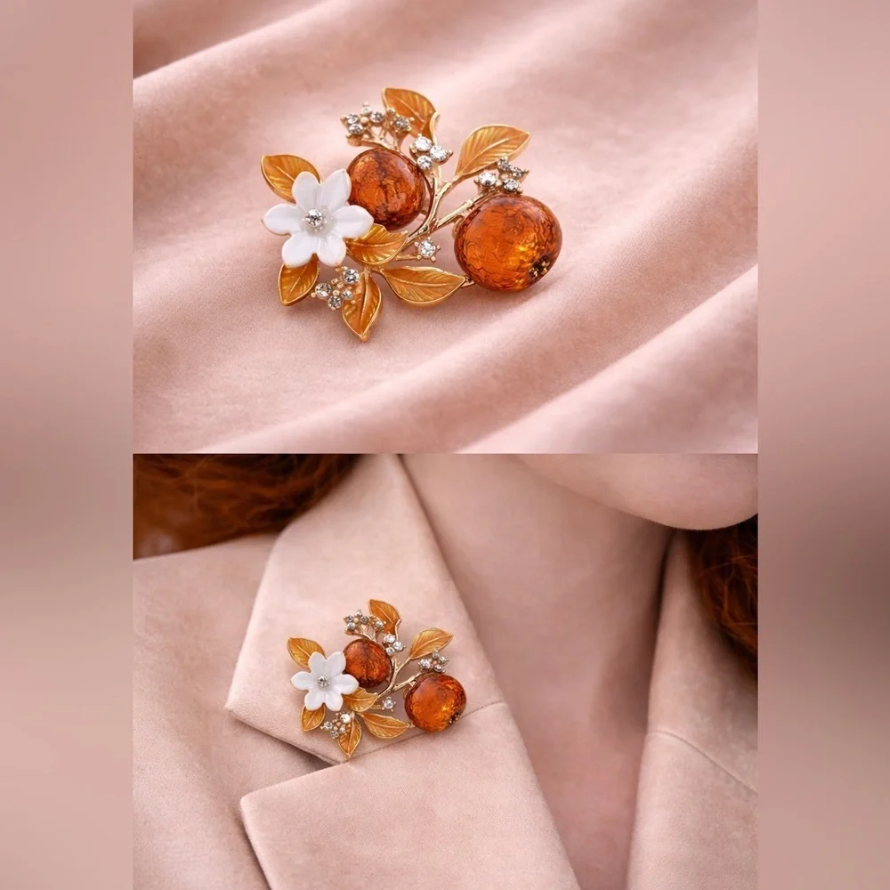 Orange Floral Gold Brooch